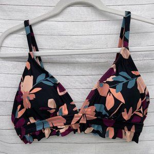 Kona Sol Womens Black Floral Ruffle Trim Bikini Top Size Medium M Removable Pads